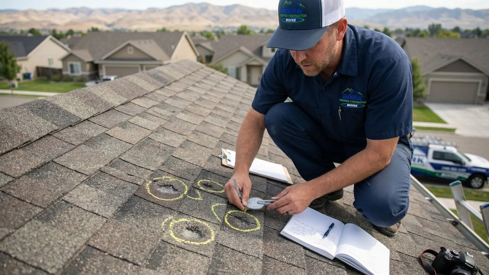 A Bork Roofing inspector marking hail bruises with chalk