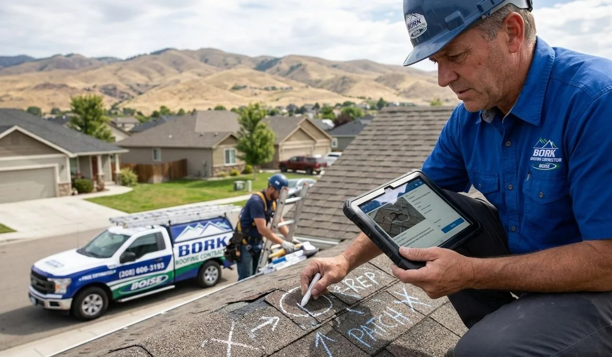 A Bork Roofing inspector taking notes on a damaged roof slope