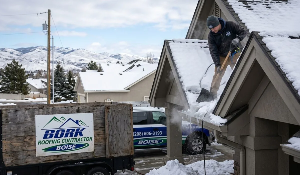 Bork Roofing inspector in winter gear checking a roof during emergency response