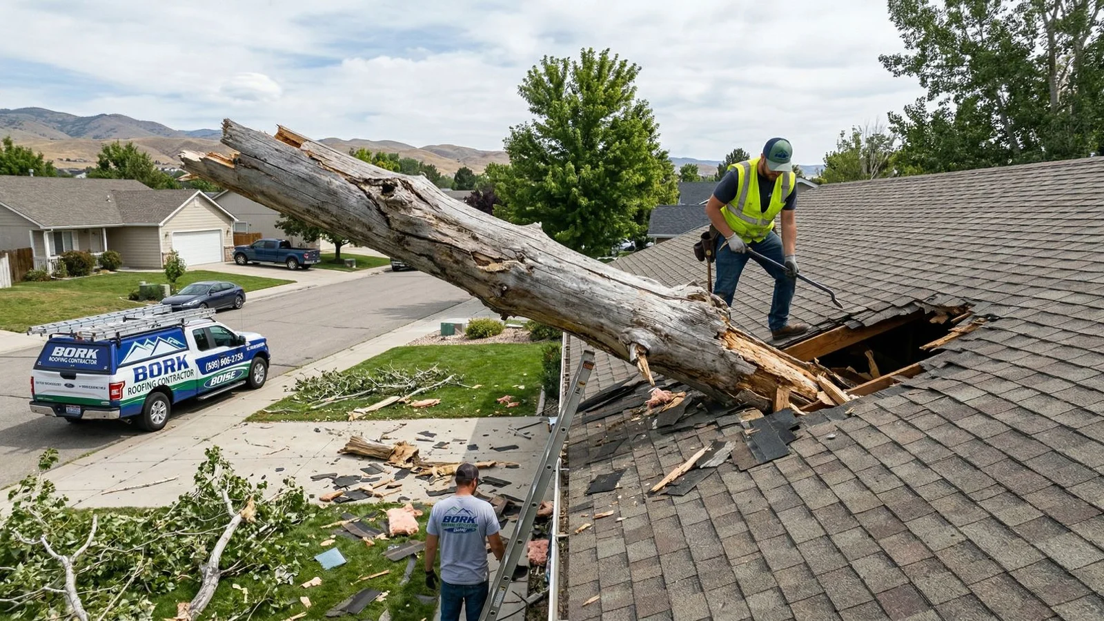 A fallen cottonwood limb through a Boise home roof after a storm