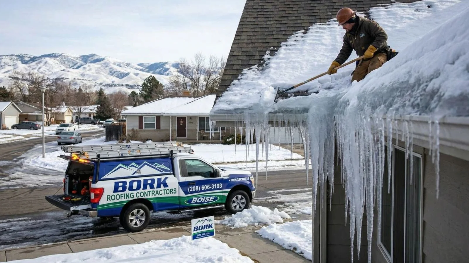 Thick ice dam with icicles forming on the eave of a Boise home