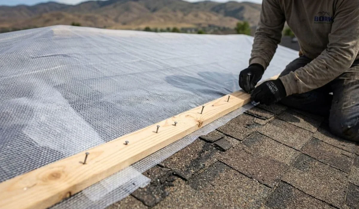 Proper emergency tarp installation with furring strips and overlap on Boise home